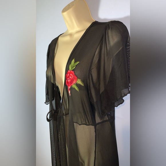 Rouge 3x Black Sheer Kimono lingerie Pink Rose Embroidery tie front lettuce - Picture 4 of 5